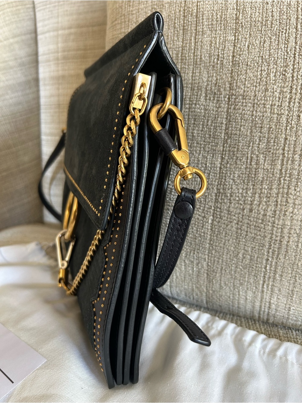 Chloé Navy Medium Studded Faye Suede Shoulder Bag with Gold Ring & Chain - Picture 14 of 16
